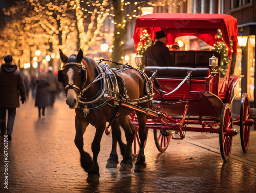 A festive horse-drawn carriage rides through a charming Christmas village with decorative lights and decorations. © Szalai