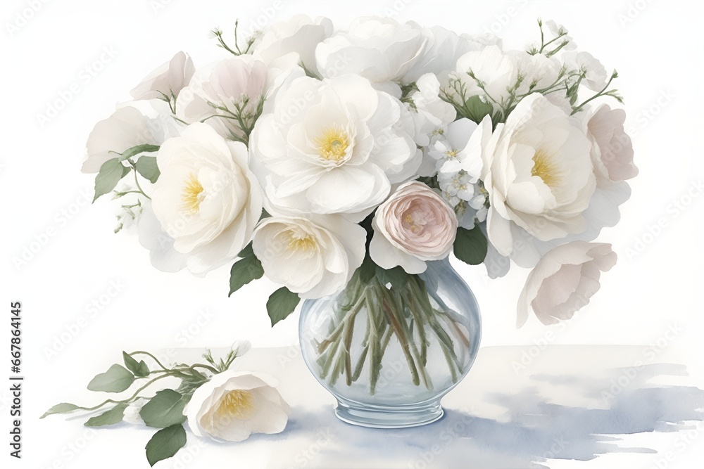 In this stunning watercolor illustration, a delicate bouquet of cotton flowers takes center stage