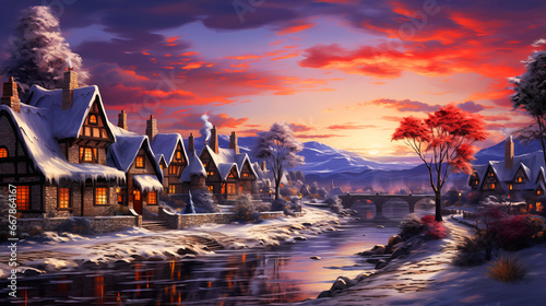 New Year's landscape with an old village with sunset