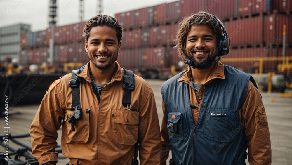 Fototapeta premium Against the backdrop of the cargo terminal, where international cargo is dispatched and delivered, you can see a group of engineers in specialized clothing. These workers smile to show their joy