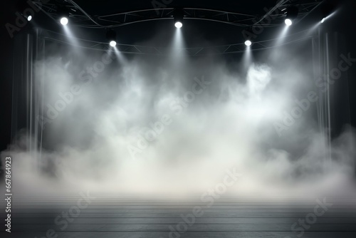 Stage with smoky white spotlight background. Generative AI