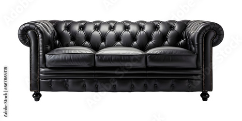 Elegant black leathered chesterfield sofa (PNG) isolated on a transparent background, AI