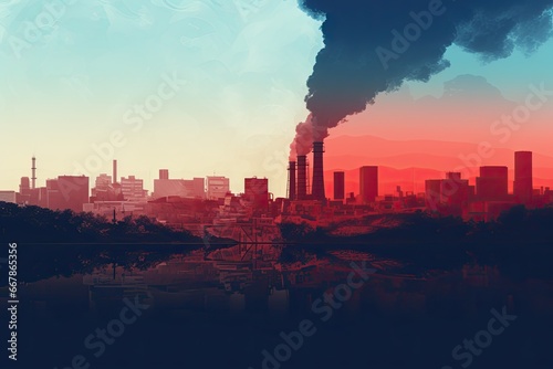 Abstract illustration of environmental pollution, disaster and destruction, done in trendy style. Using duotone and filter.
