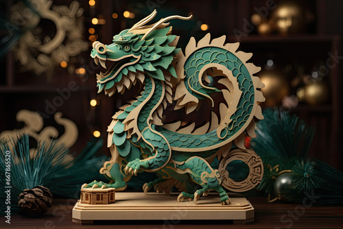 Green wooden dragon figurine on the table. Symbol of the New Year.