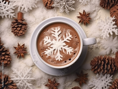 Top view of a hot chocolate or cocoa cup on a snowy background with decorative snowflakes and cones.