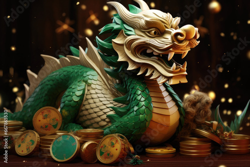 Green dragon figurine with gold coins on the table. Symbol of the New Year.