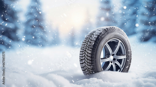 Car wheel with winter tires in a snowdrift on a snowy forest background. Free space for product placement or advertising text.