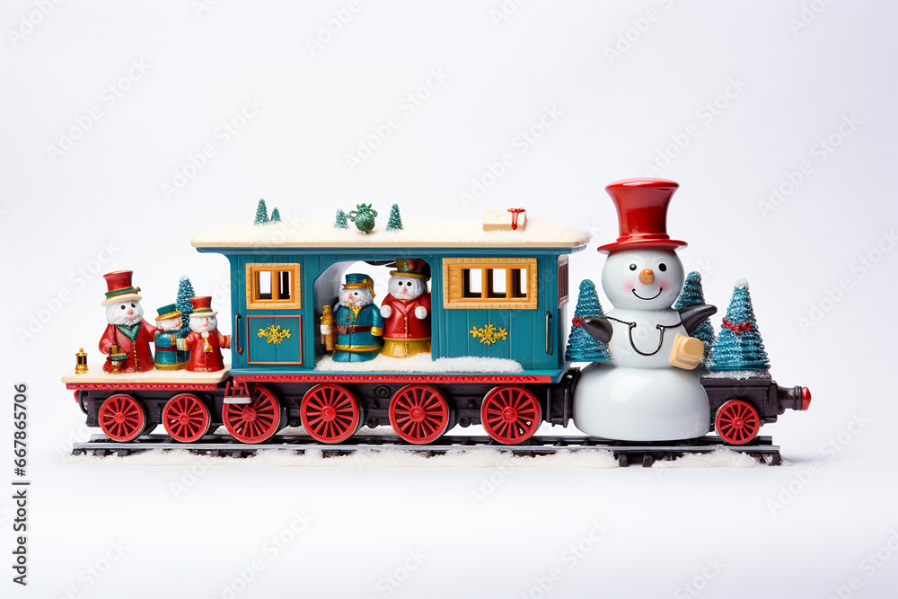 Christmas Train, Snowman, and Friends Isolated with Festive Christmas Background - Created with Generative AI Tools