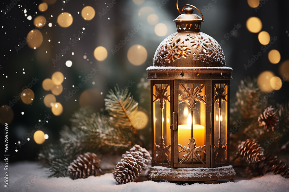 Closeup of Christmas Lantern with Snowfall - Created with Generative AI Tools Closeup of Christmas Lantern with Snowfall - Created with Generative AI Tools
