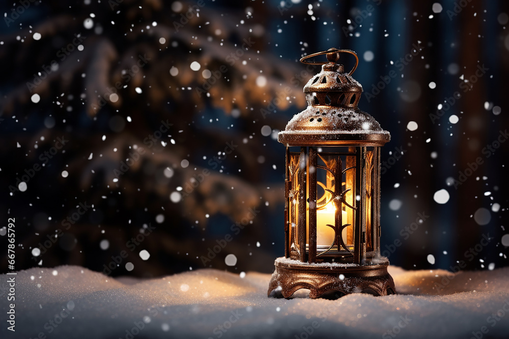 Closeup of Christmas Lantern with Snowfall - Created with Generative AI Tools Closeup of Christmas Lantern with Snowfall - Created with Generative AI Tools