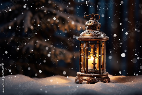 Closeup of Christmas Lantern with Snowfall - Created with Generative AI Tools