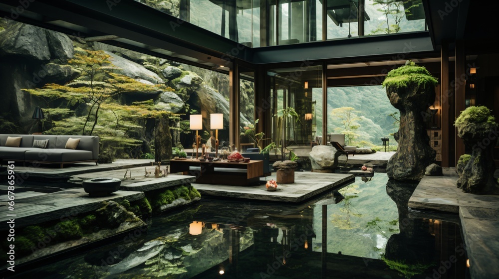 peaceful japanese indoor stone and water garden with moss, modern architecture