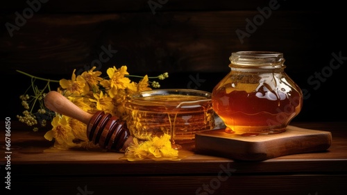 honey drizzling from a wooden honey dipper onto a rustic wooden table.