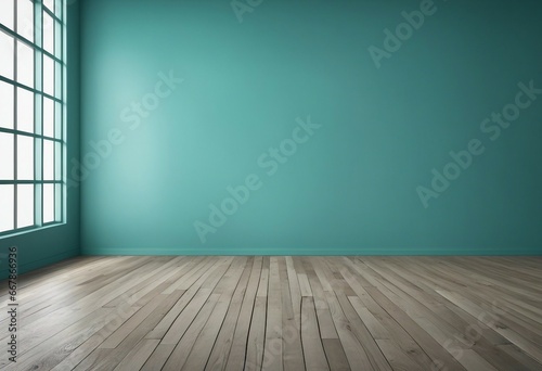 Blue turquoise empty wall and wooden floor with interesting glare from the window