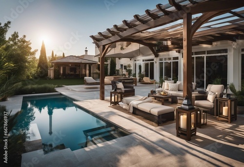 Backyard living space with outdoor furniture next to the pool under a pergola AI assisted finalized