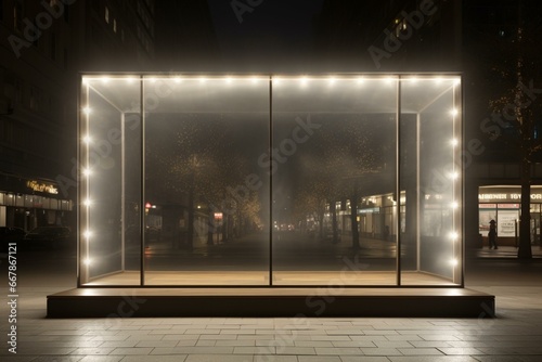 Lit storefront or stage with an empty display area and a large glass window. Generative AI