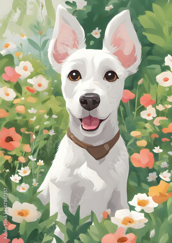 Whimsical white puppy in a flower field, art for children