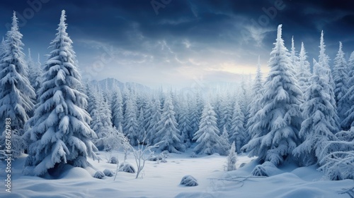 a picturesque winter scene with snow-covered fir trees, capturing the serene beauty of a snowy Christmas landscape. © lililia