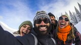 group of young cheerful diverse men and women posing for a selfie photo on the ski or snowboard vacation in the mountains