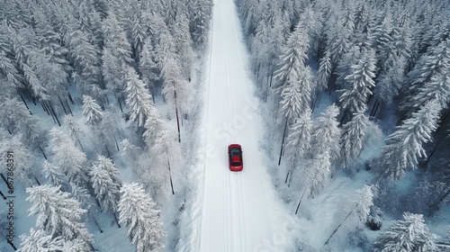 Aerial view of red car driving through the white snow winter forest on country road 