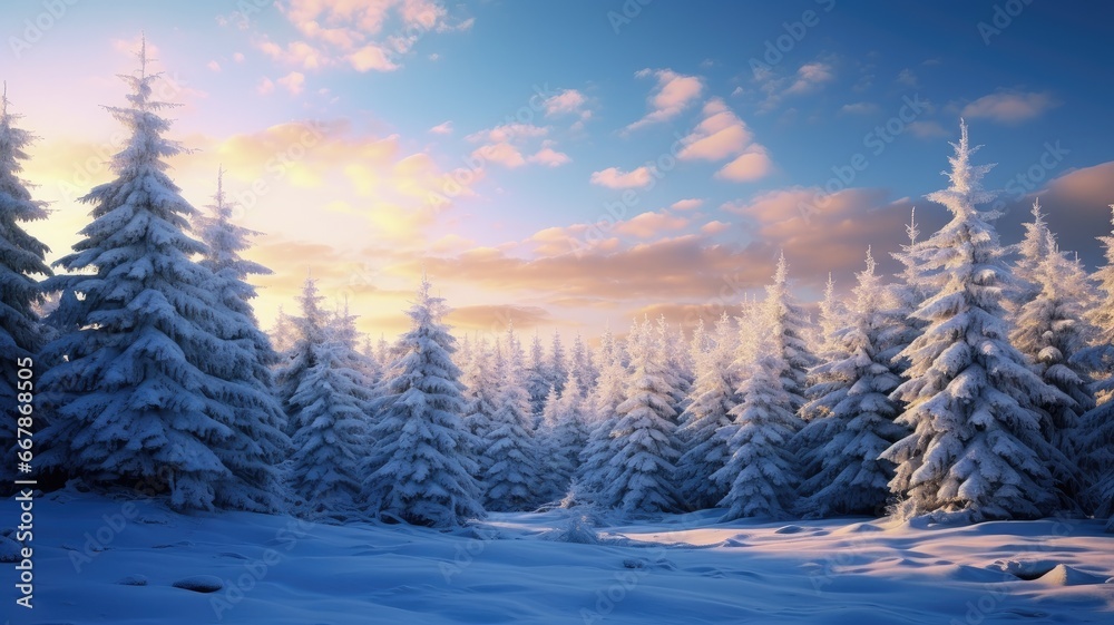 a picturesque winter scene with snow-covered fir trees, capturing the serene beauty of a snowy Christmas landscape.