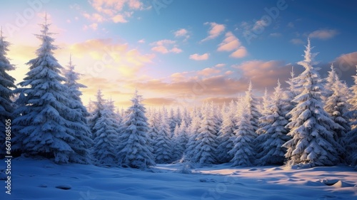 a picturesque winter scene with snow-covered fir trees  capturing the serene beauty of a snowy Christmas landscape.