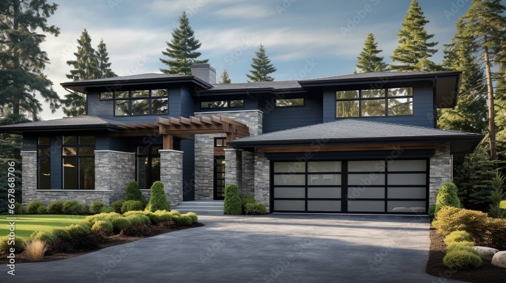 Luxurious new construction home in Bellevue, WA. Modern style home boasts two car garage framed by blue siding and natural stone wall trim. 