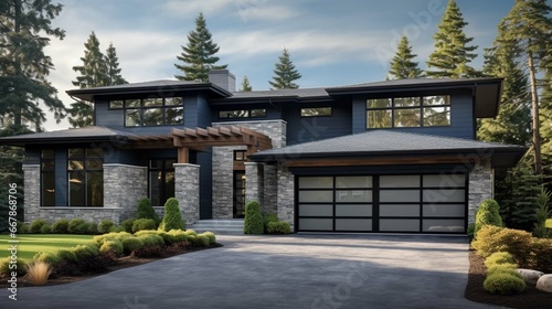 Luxurious new construction home in Bellevue, WA. Modern style home boasts two car garage framed by blue siding and natural stone wall trim. 