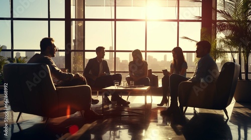 Silhouette of startup business team. Meeting on the couch. Big open space office. Five people. Intentional sun glare and lens flares. Wide screen, panoramic 