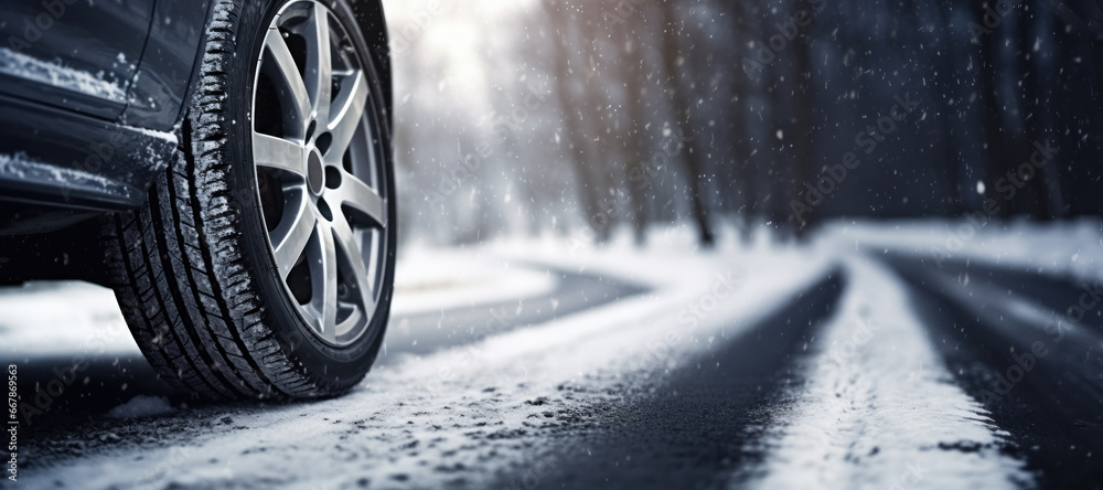 Close up of car part, including the tire and wheel, covered in blanket of snow on wintry road in nature, suitable for an advertising banner with ample copy space