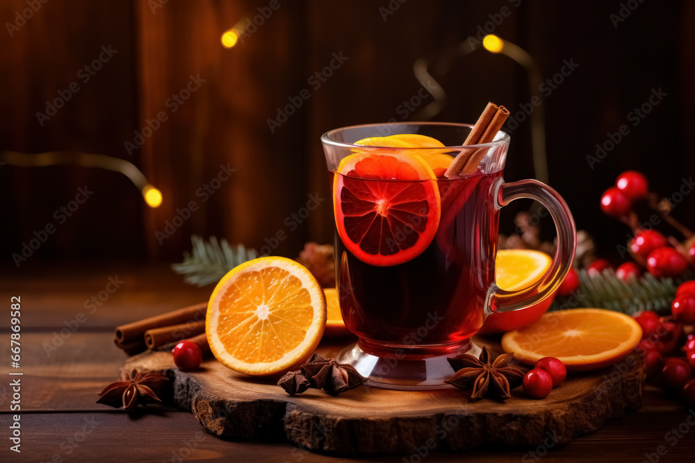 Warm and inviting, glass of Christmas mulled wine adorned with fragrant spices, citrus, cinnamon, anise, and orange Warm and inviting, glass of Christmas mulled wine adorned with fragrant spices, citrus, cinnamon, anise, and orange
