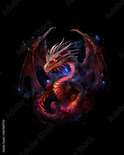 Beautiful neon-colored dragon on black background with copy space. Chinese  mythology  culture  fantasy character