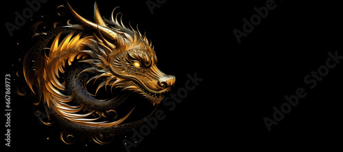 Metal and gold digital dragon head in dynamic expression isolation on black backdrop with copy space, creating picture with touch of fantasy