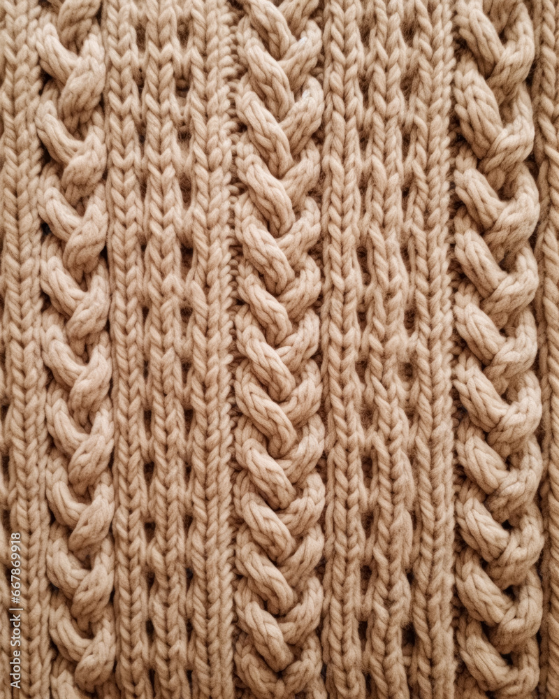 Background for design with close-up view of a soft, knitted texture in warm wool, showcasing an intricate pattern, copy space Background for design with close-up view of a soft, knitted texture in warm wool, showcasing an intricate pattern, copy space