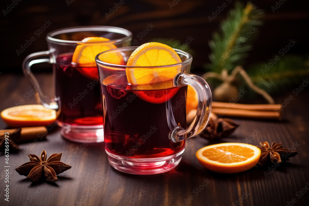 Delight in the holiday spirit with glass of hot mulled wine featuring spices, citrus, cinnamon, anise, and orange