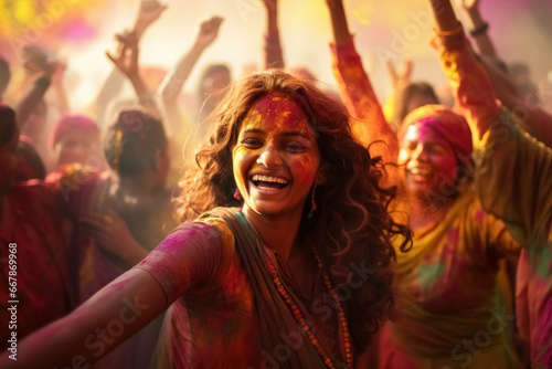 Amid vibrant celebration of Indias Holi festival, cheerful young hindu girl in tradition saree clothes, covered in colorful powder, beams with joy in heartwarming portrait