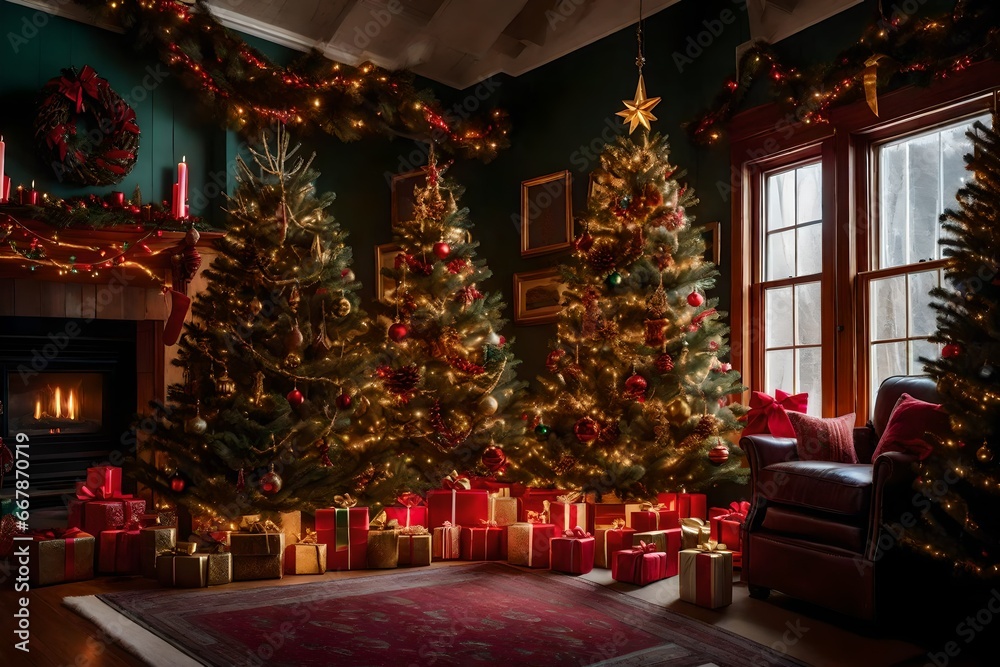 A dazzling scene featuring three beautifully decorated Christmas trees surrounded by presents, creating a magical and joyous holiday spectacle that's triple the festive fun.