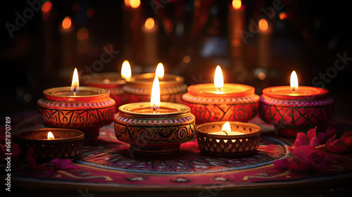 conjunto de velas encendidas para fiesta diwali dentro de portavelas  sobre mesa decorada con flores y fondo desenfocado