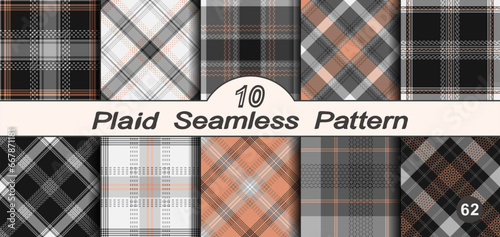 Black, white and orange set vector seamless check plaids pattern.