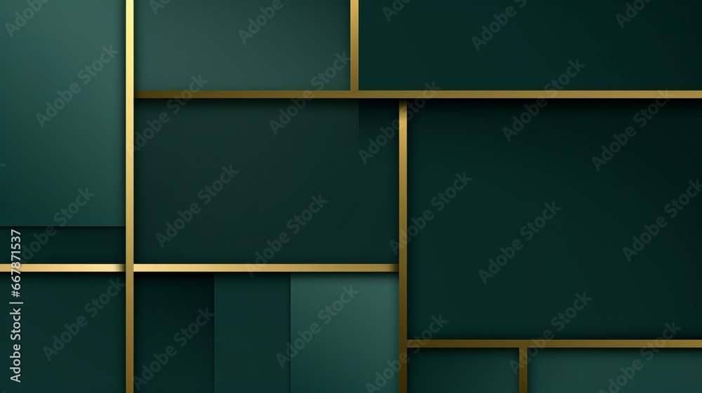 A backdrop featuring an abstract pattern in deep green with gilded lines and shading. It incorporates overlapping geometric shapes, transparent squares, and a contemporary, luxurious design of rounded