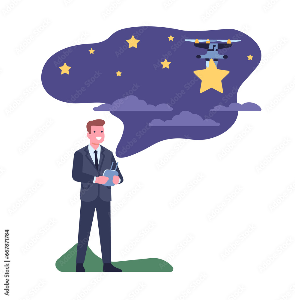 Reaching goal with new technology. Businessman gets star with drone. Man controls quadcopter flight with joystick. Successful office worker in suit. Guy achieving purposes. png concept Reaching goal with new technology. Businessman gets star with drone. Man controls quadcopter flight with joystick. Successful office worker in suit. Guy achieving purposes. png concept