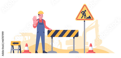 Road worker prohibits passage because street repair work is in progress. Highway renovation. Barrier or roadside digging sign. Roadway engineering. Workman in overalls. png concept photo