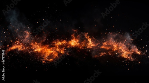 Isolated fire particle debris set against a black background, providing ample space for text or additional elements. This composition has a cinematic film effect