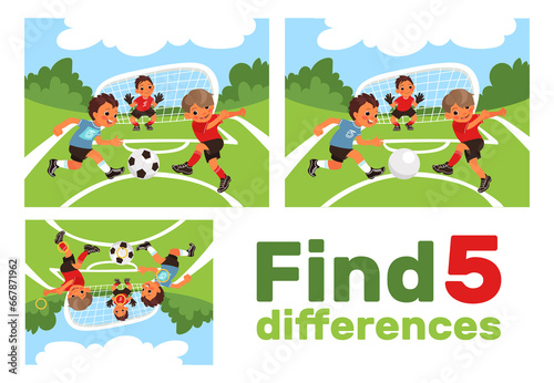 Find 5 differences. Educational game for children. Kids play football at sport playground. Worksheet with correct answer. Soccer match. Brainteaser task. Puzzle page design. png concept