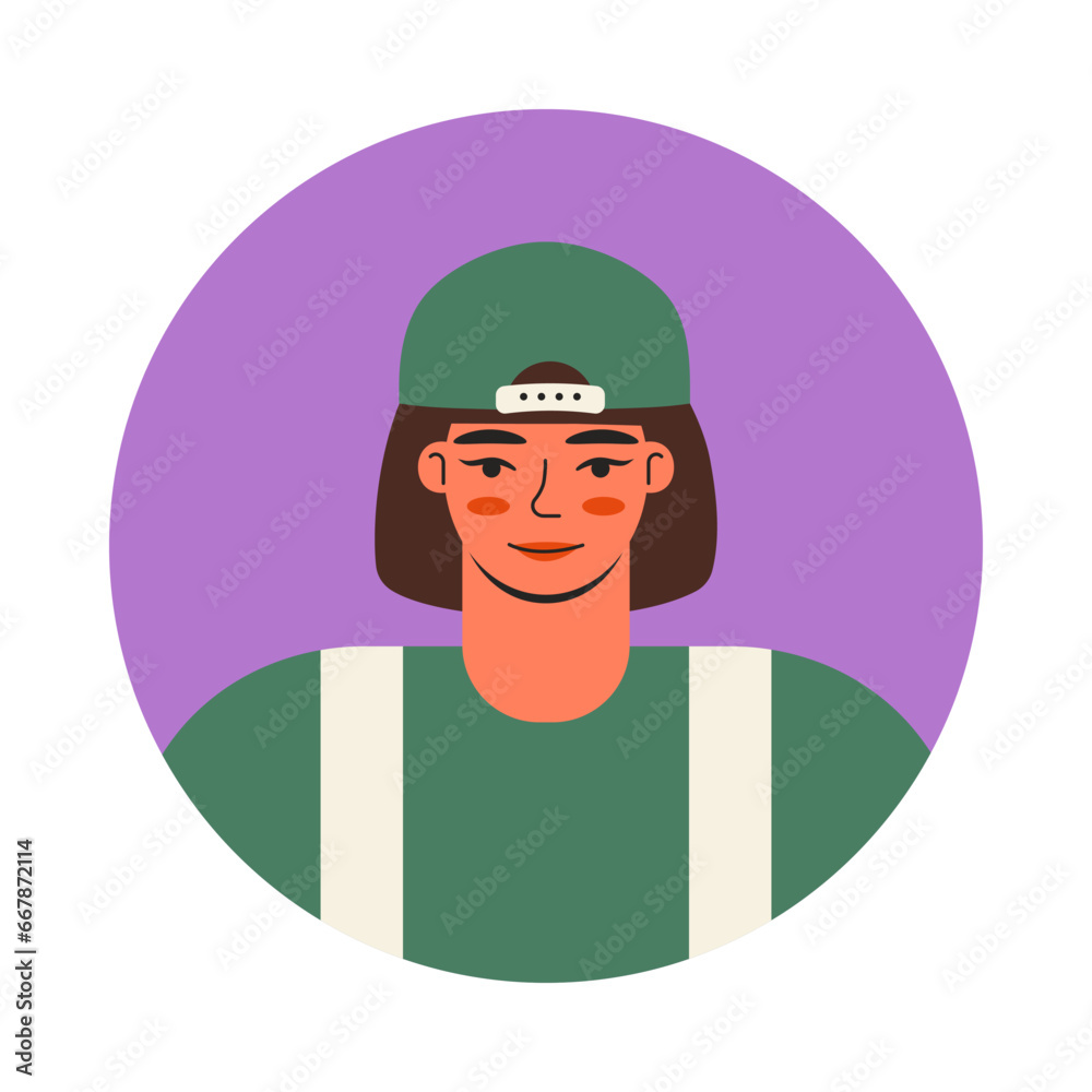 Young woman face portrait in circle. User profile, Cartoon character vector flat illustration.	
