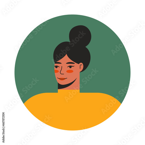 Young woman face portrait in circle. User profile, Cartoon character vector flat illustration.	