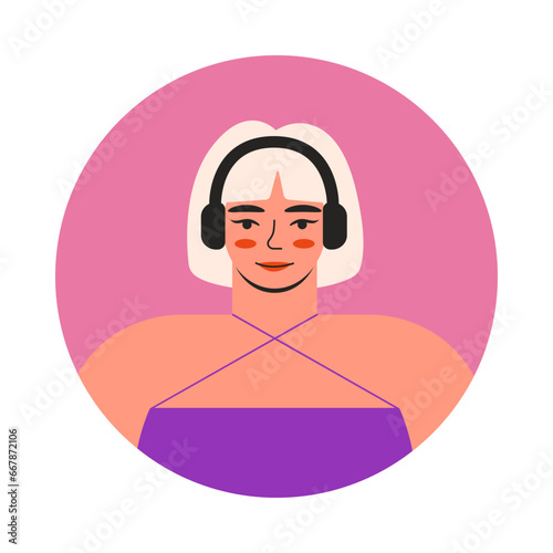 Young woman face portrait in circle. User profile, Cartoon character vector flat illustration.	