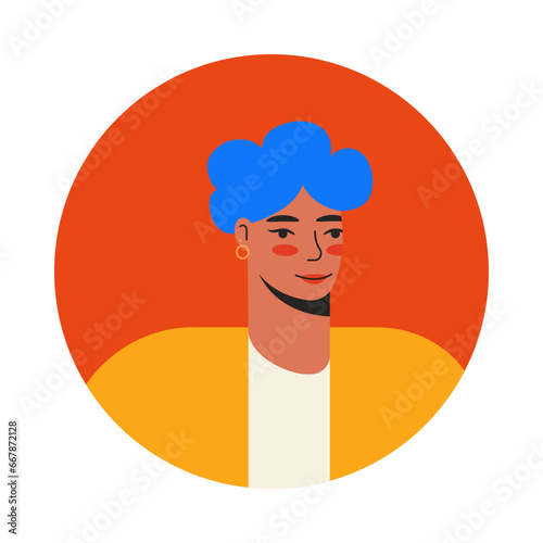 Young woman face portrait in circle. User profile, Cartoon character vector flat illustration.	