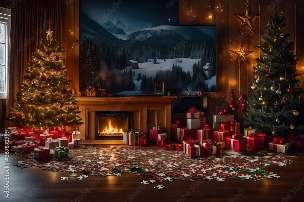 Obraz premium Step into a holiday wonderland with two beautifully decorated Christmas trees and an array of gifts, all set in a room with a charming small fireplace chimney. Embrace the festive spirit and warmth of