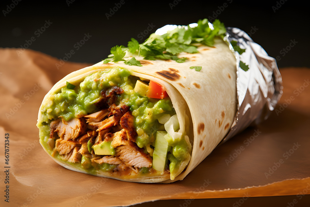 Imagen de un burrito con guacamole y sus ingredientes cortado trasversal. Imagen de un burrito con guacamole y sus ingredientes cortado trasversal.